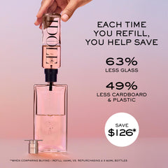 Lancôme Idôle radical rose essence detail in a clear glass bottle for a modern bouquet.