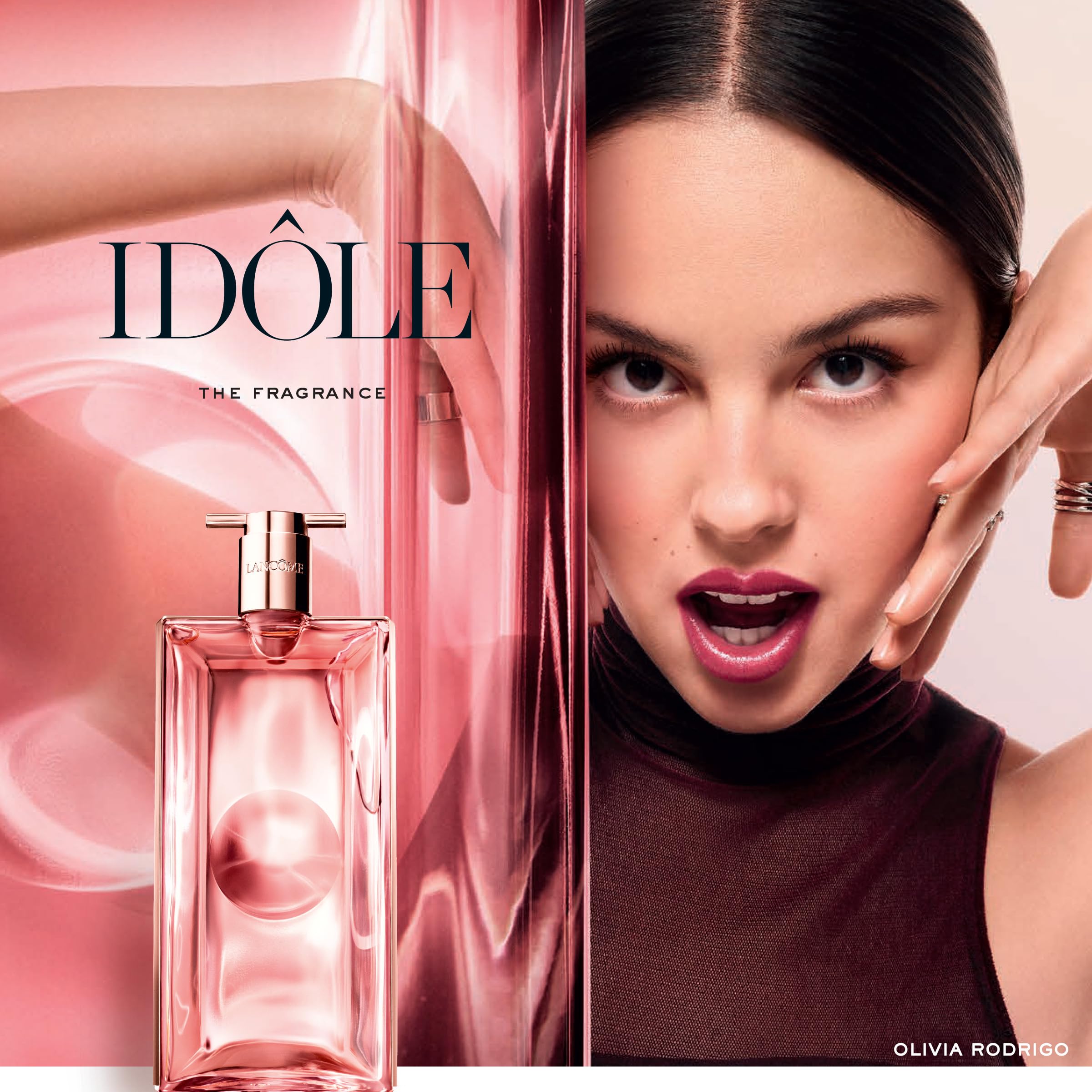 Lancôme Idôle sleek bottle horizontal layout reinforces minimalist, contemporary aesthetic.