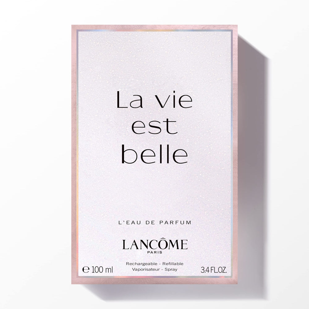Lancôme La Vie Est Belle bottle with pump; easy daily application.