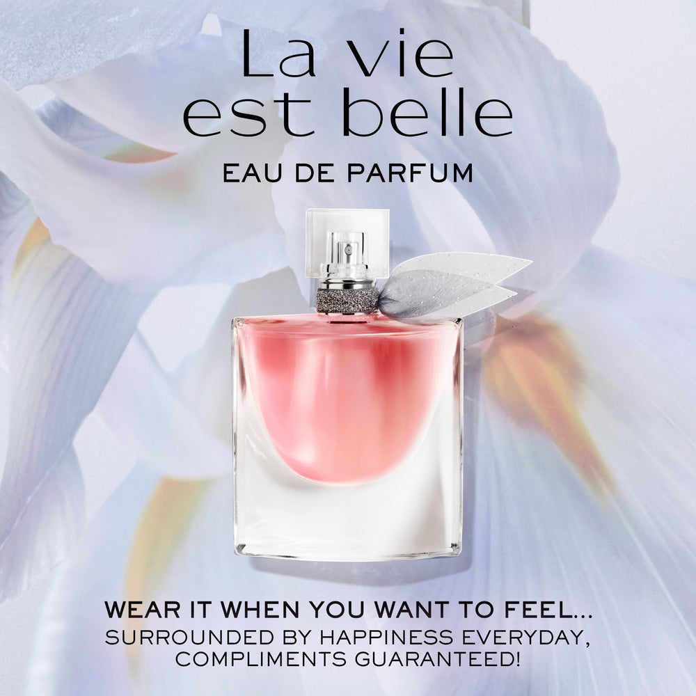 Lancôme La Vie Est Belle iris note closeup emphasizes powdery floral sophistication
