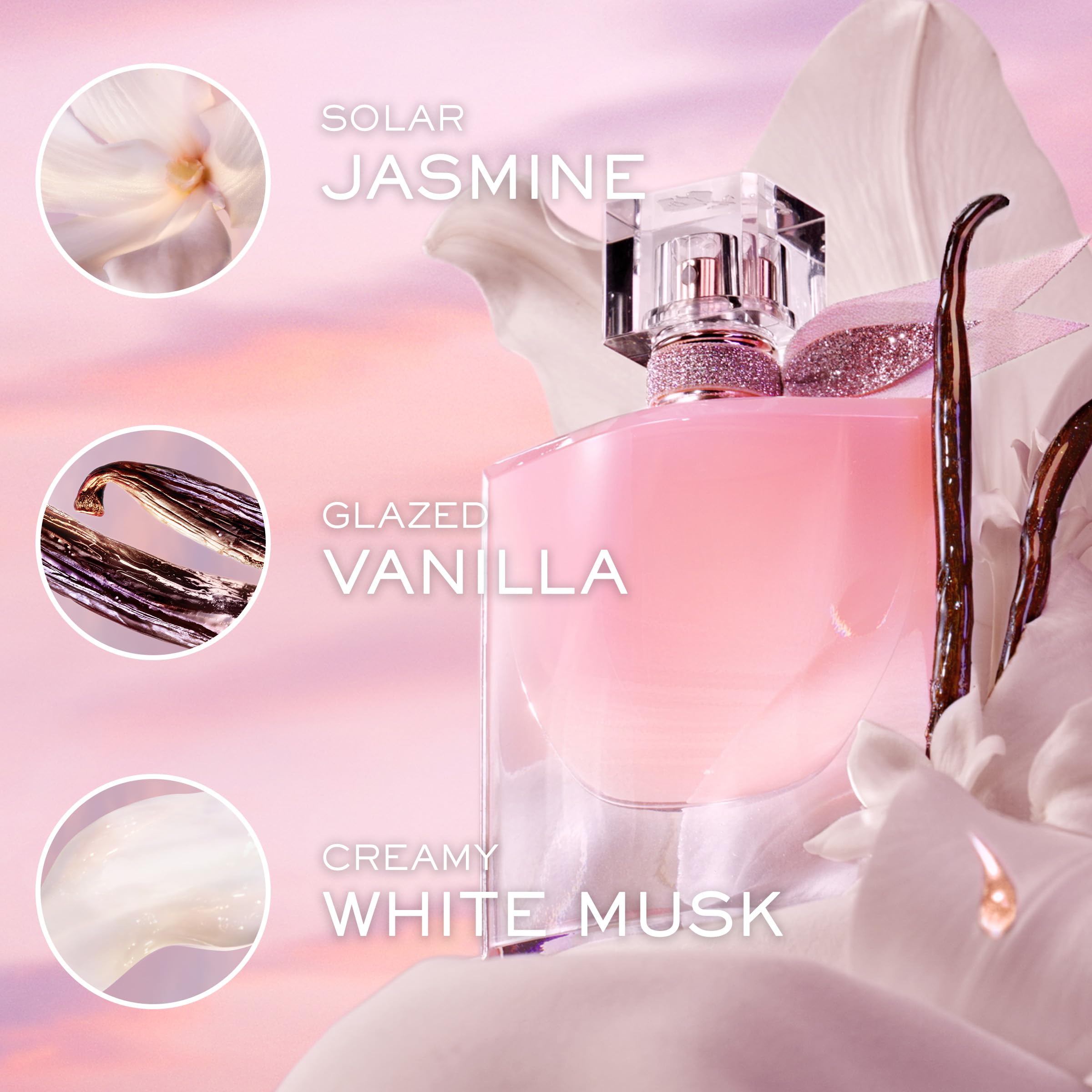 Lancome La Vie Est Belle Vanille Nude flacon on wood, warm vanilla mood