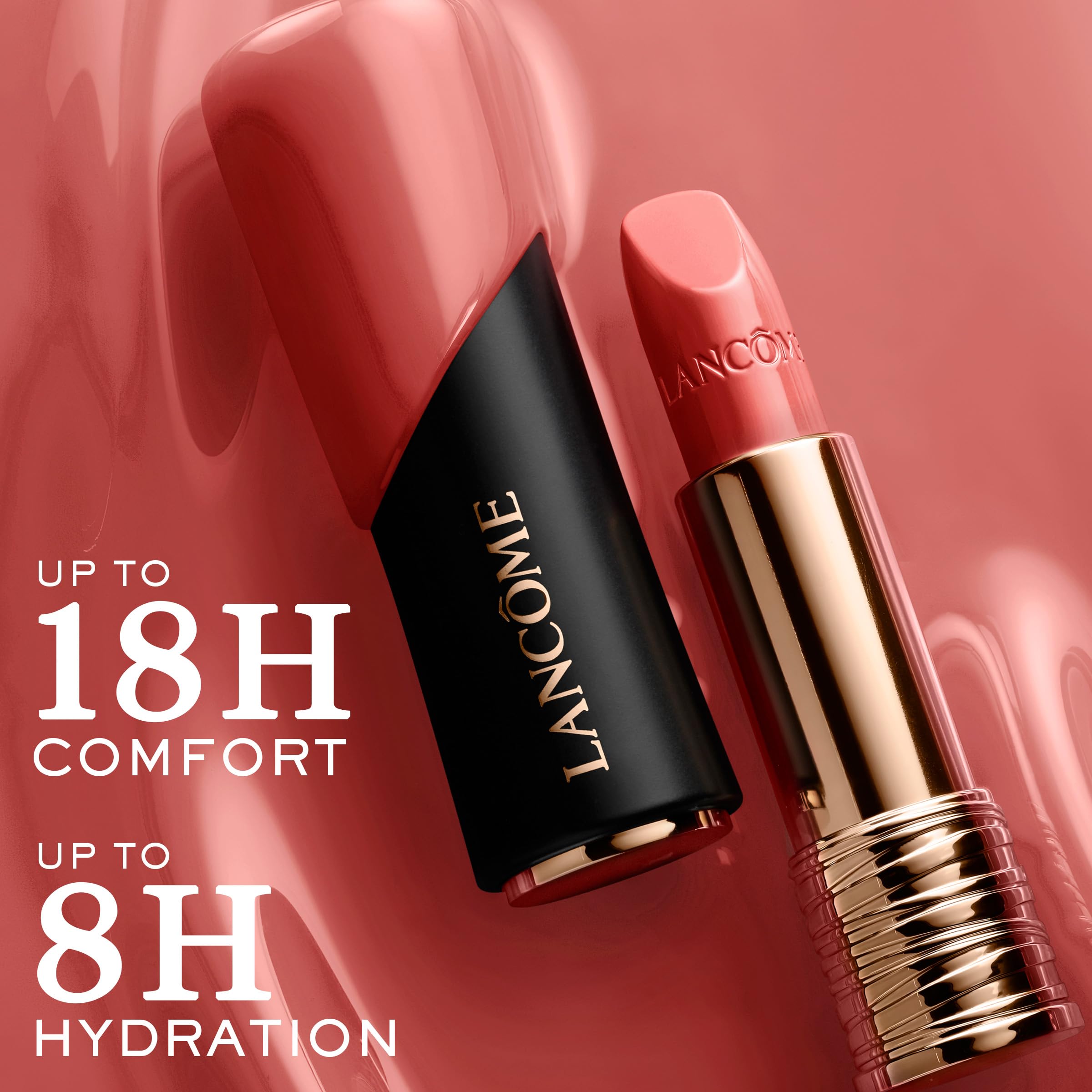 Lancôme L'Absolu Rouge lips exhibit hydrating rose balm effect.