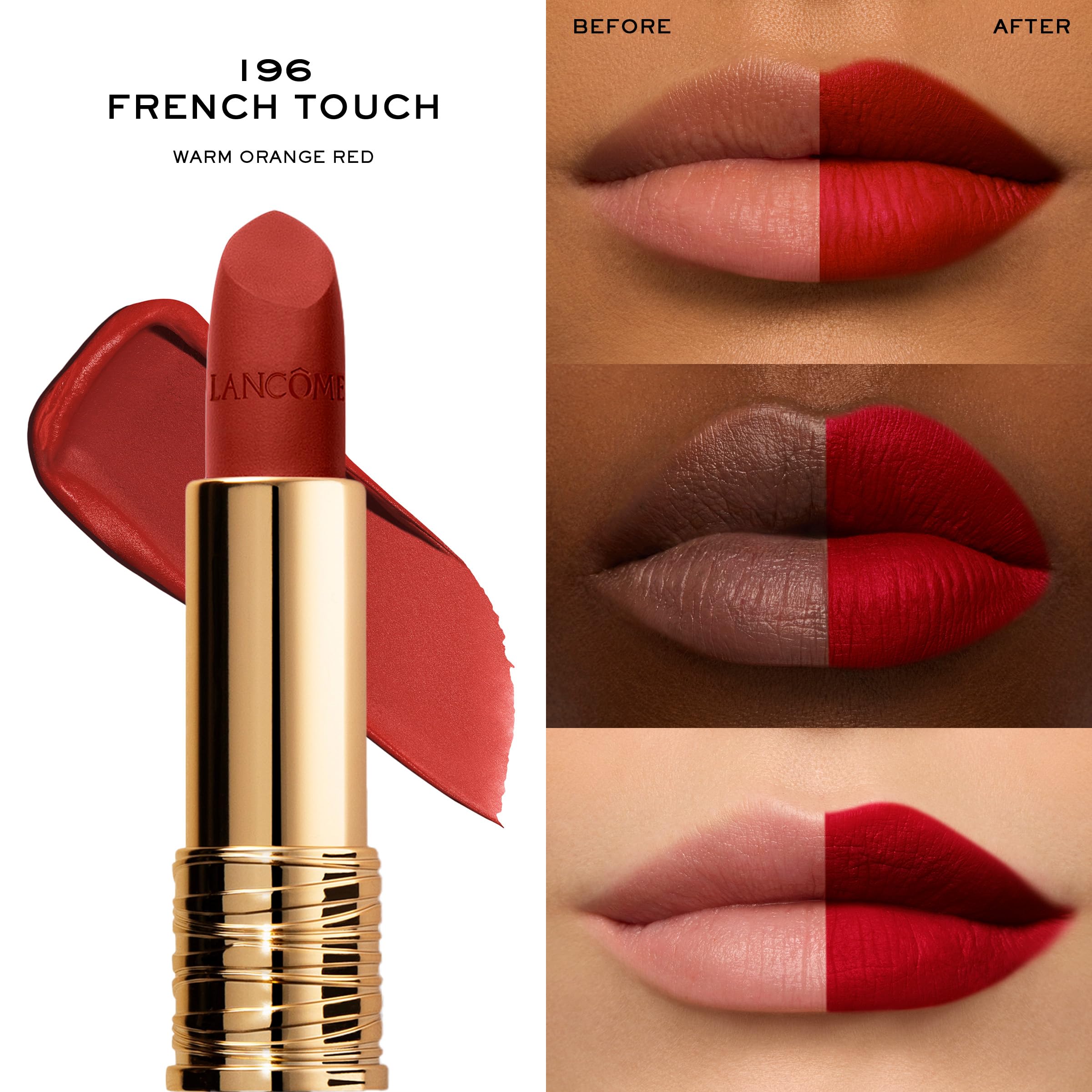 Lancôme LAbsolu Rouge Drama Matte application shows smooth, one-swipe coverage with a powdery finish.