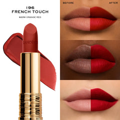 Lancôme LAbsolu Rouge Drama Matte application shows smooth, one-swipe coverage with a powdery finish.