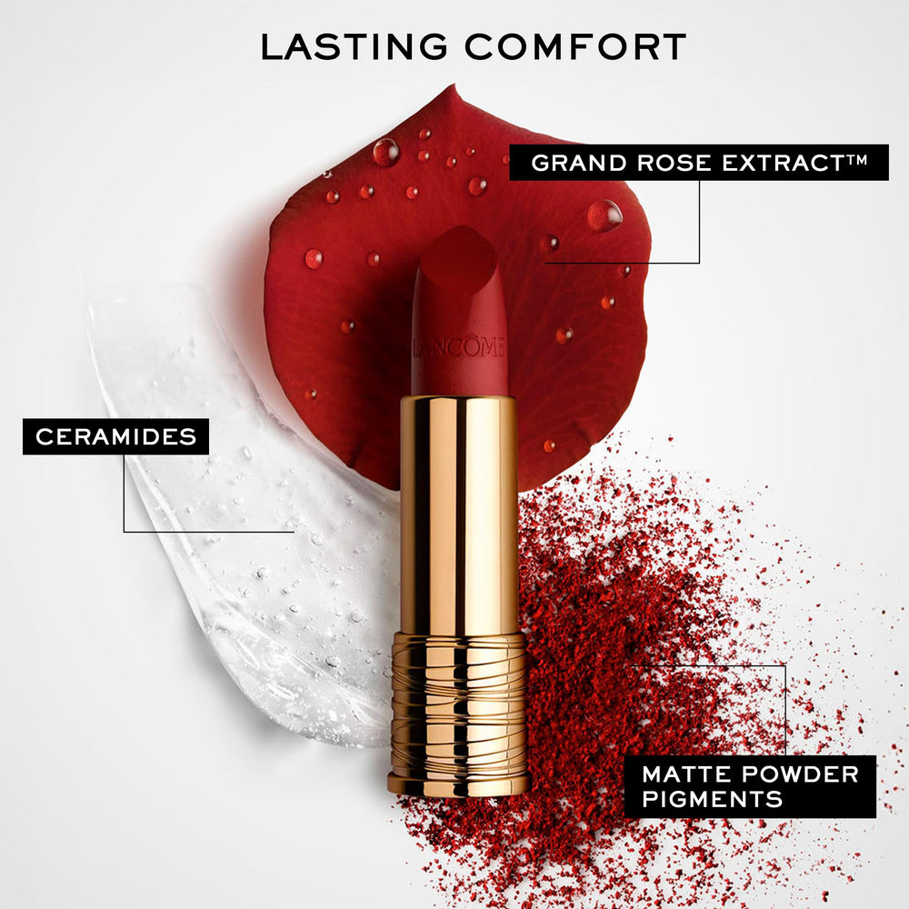 Lancôme LAbsolu Rouge Drama Matte closeup emphasizes intense pigment and velvet texture.