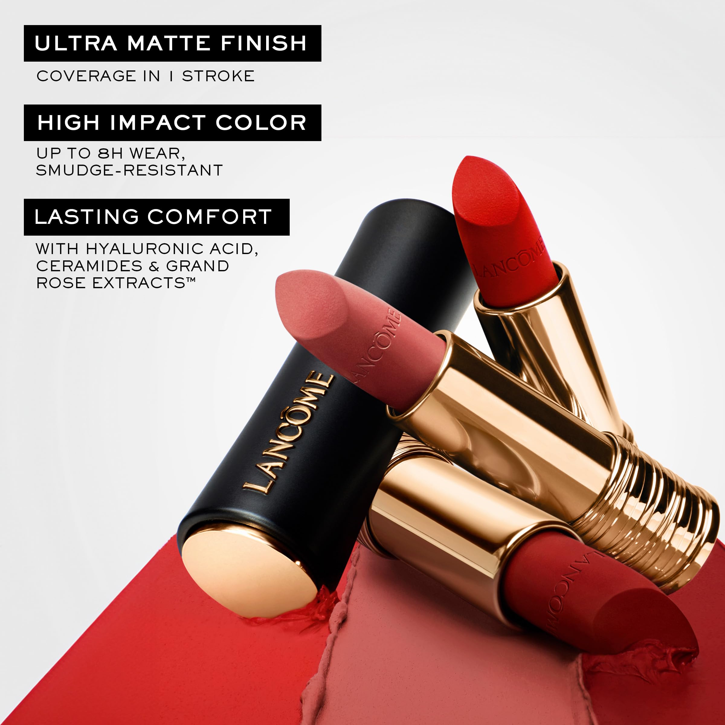 Lancôme LAbsolu Rouge Drama Matte petal bullet highlights precise shape for effortless lip definition.
