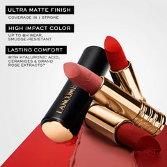 Lancôme LAbsolu Rouge Drama Matte petal bullet highlights precise shape for effortless lip definition.
