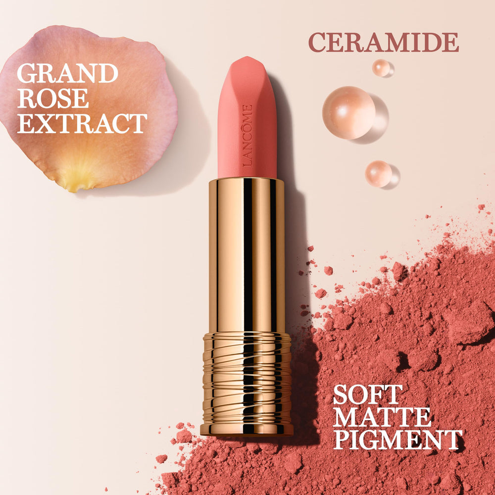 Lancôme L'Absolu Rouge Intimatte petal-shaped bullet enables precise lip application.