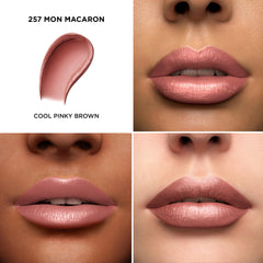 Lancôme L'Absolu Rouge Mon Macaron swatch on arm demonstrates vibrant color payoff.