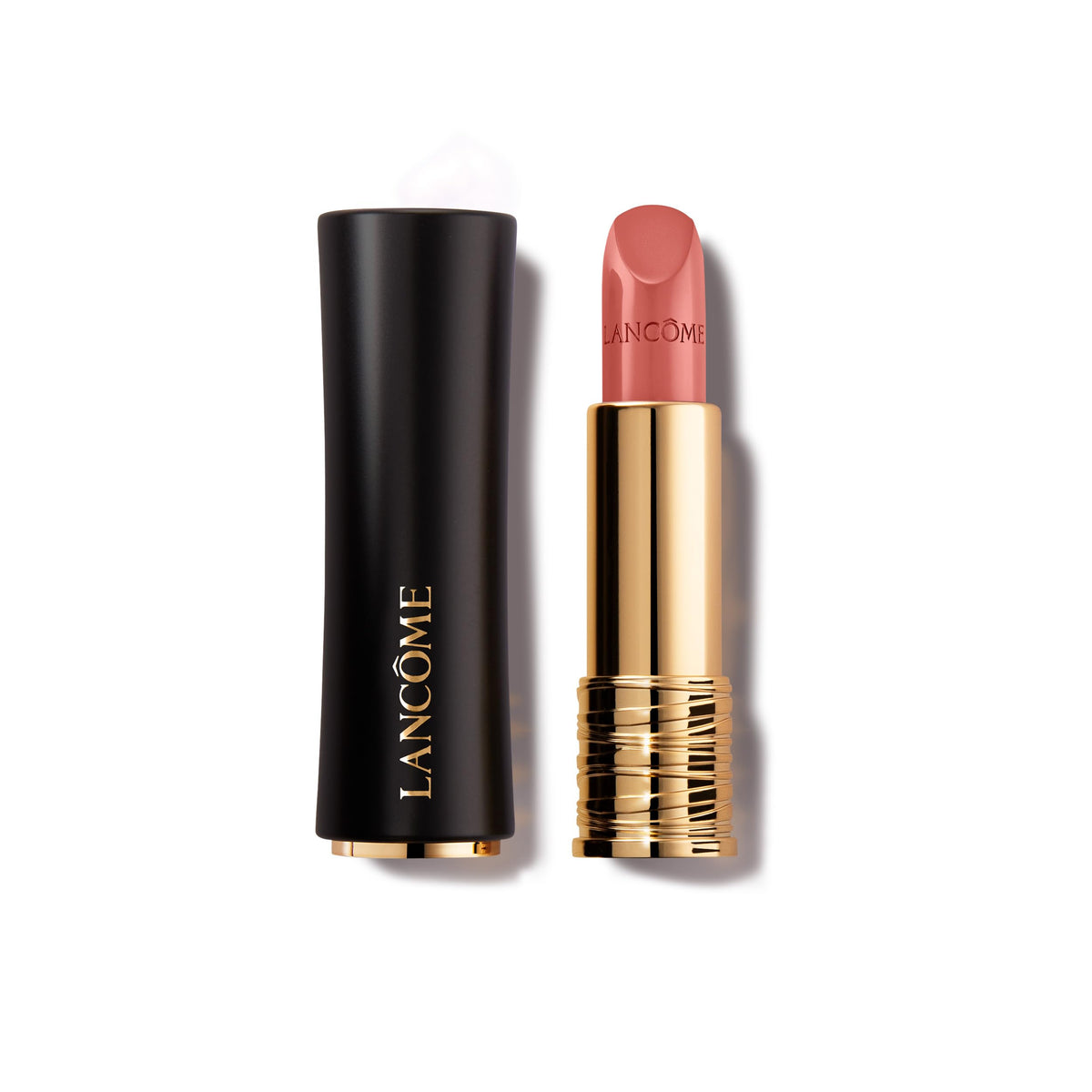 Lancôme L'Absolu Rouge Mon Macaron tube closeup shows rich cream finish and luxurious packaging.