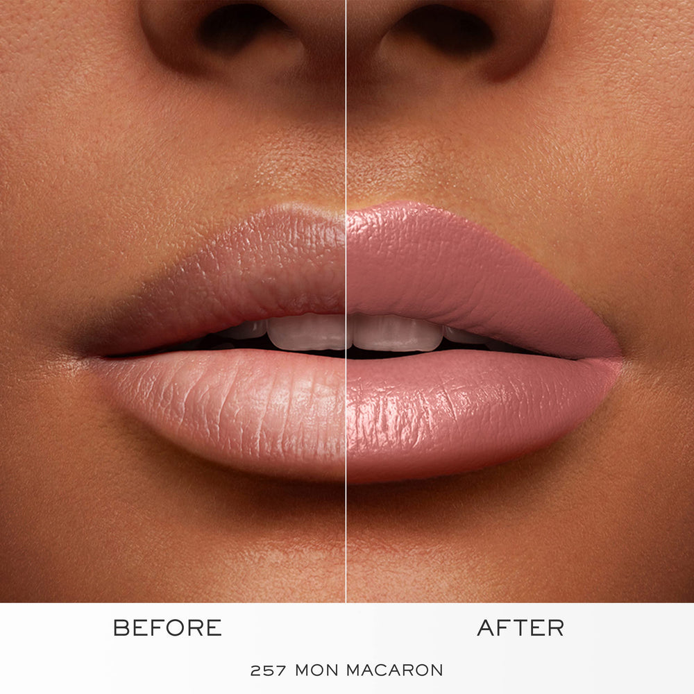 Lancôme L'Absolu Rouge smudge-resistant formula staying power on a lip swatch.