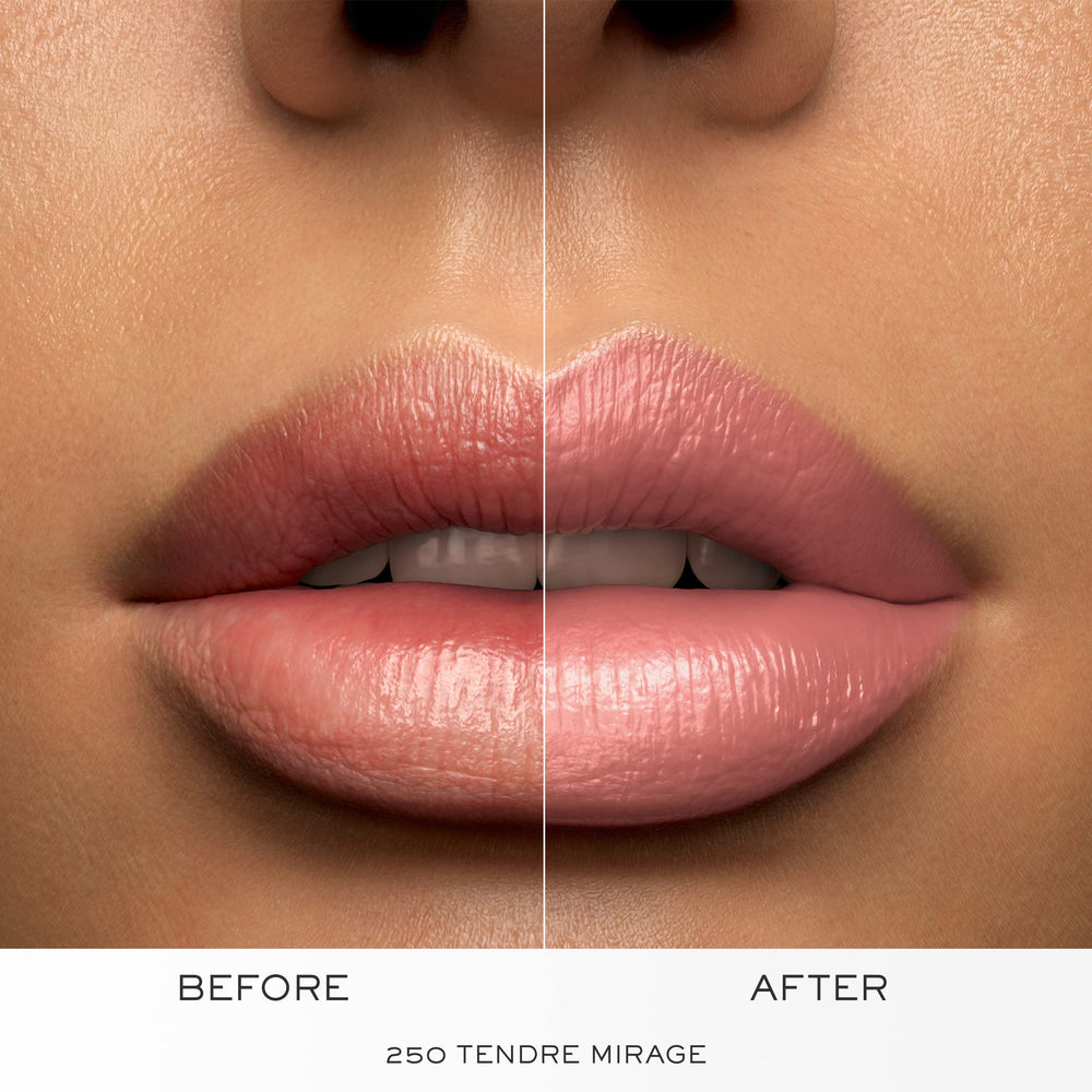 Lancôme L'Absolu Rouge Tendre Mirage 18-hour comfort infographic photo implies long-wear confidence.
