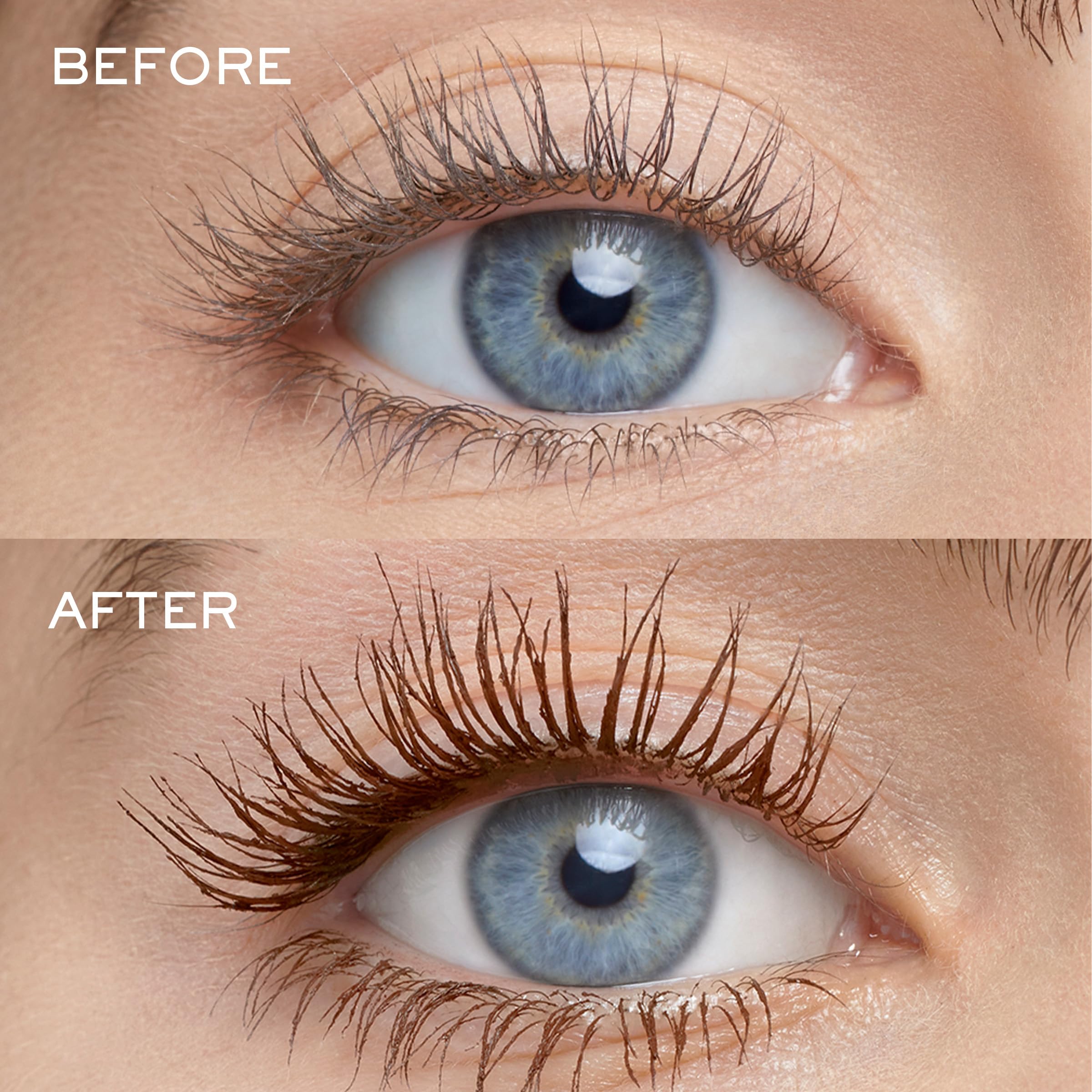 Lancôme Lash Idôle brown mascara on lashes displaying lift and definition.