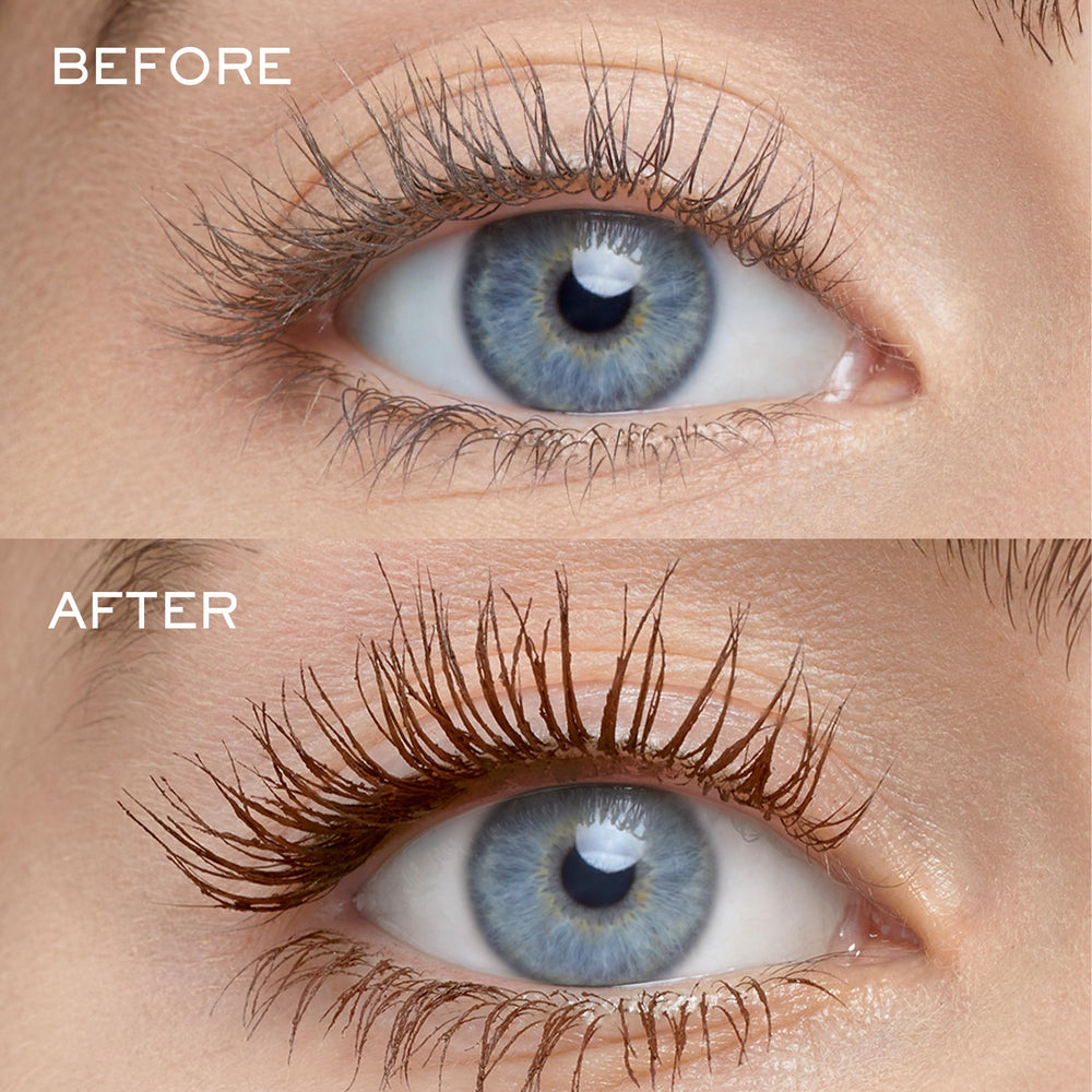 Lancôme Lash Idôle brown mascara on lashes displaying lift and definition.