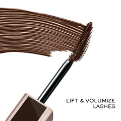 Lancôme Lash Idôle brown mascara brush close-up on curved wand.