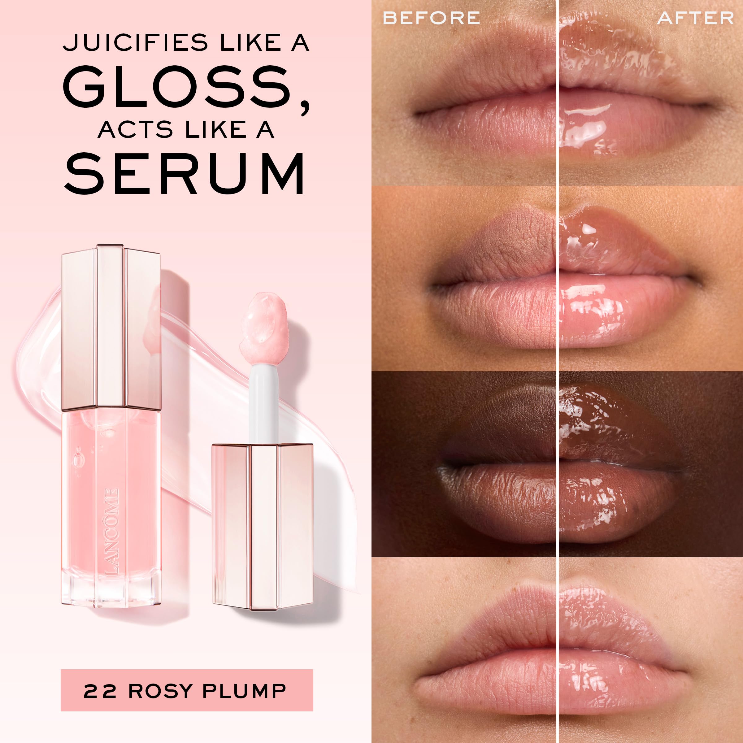 Lancôme Lip Idôle JuicyTreat 24-hour shine swatch on lips for instant radiance.