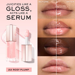 Lancôme Lip Idôle JuicyTreat 24-hour shine swatch on lips for instant radiance.