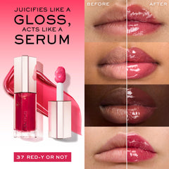 Lancôme Lip Idôle JuicyTreat tube close-up showing sleek formula and shine.