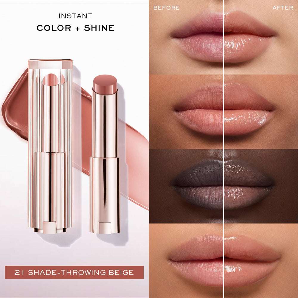 Lancôme Lip Idôle Squalane-12 Butterglow on lips delivers instant shine and lasting moisture.