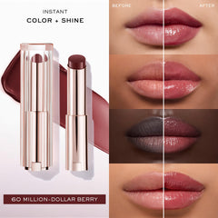 Lancôme Lip Idôle Squalane-12 Butterglow berry swatch demonstrates buildable color in the 60 Million-Dollar Berry shade.