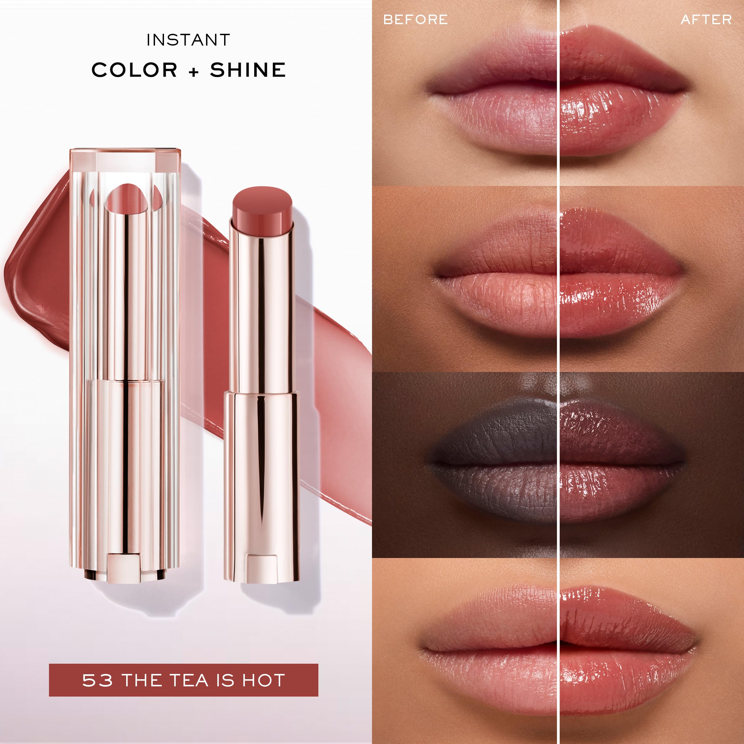 Lancôme Lip Idôle Squalane-12 Butterglow swatches illustrating buildable color.