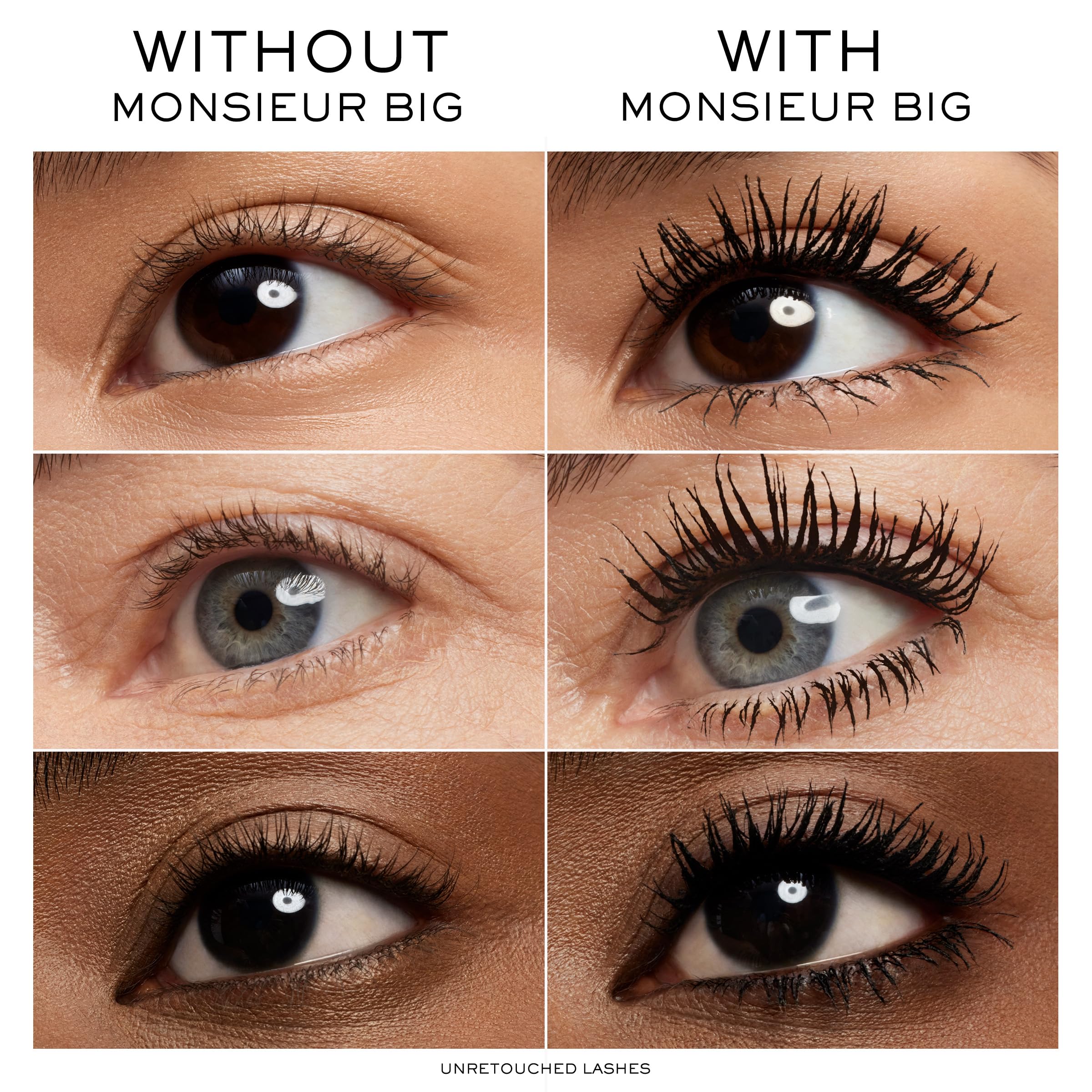 Lancôme Monsieur Big lashes before after highlights intensified fullness.