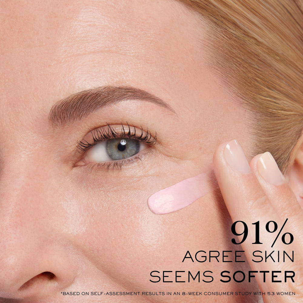 Lancôme Rénergie eye cream texture swatch shows creamy smoothing consistency.