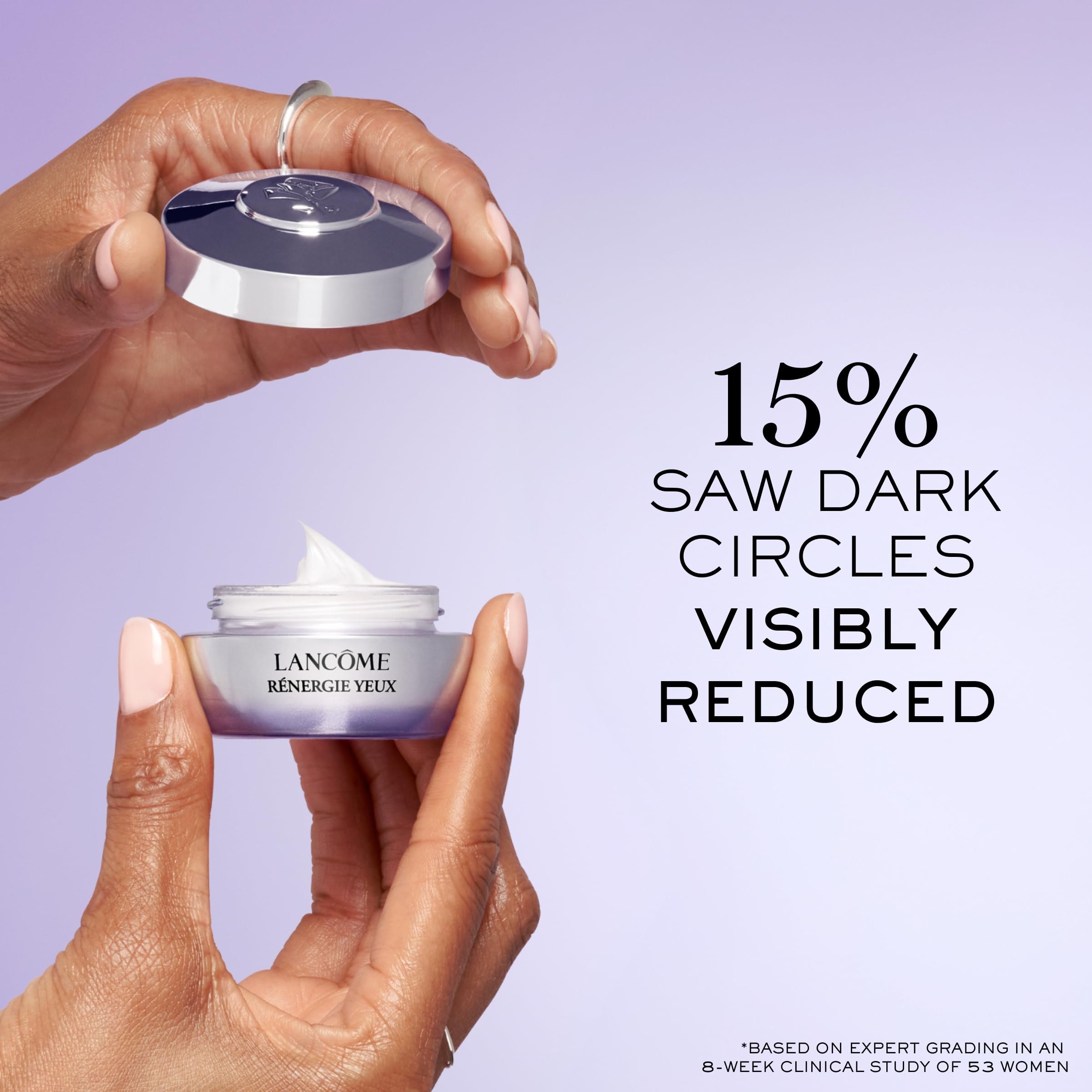 Lancôme Rénergie eye cream being applied under the eye for de-puffing and brighter look.