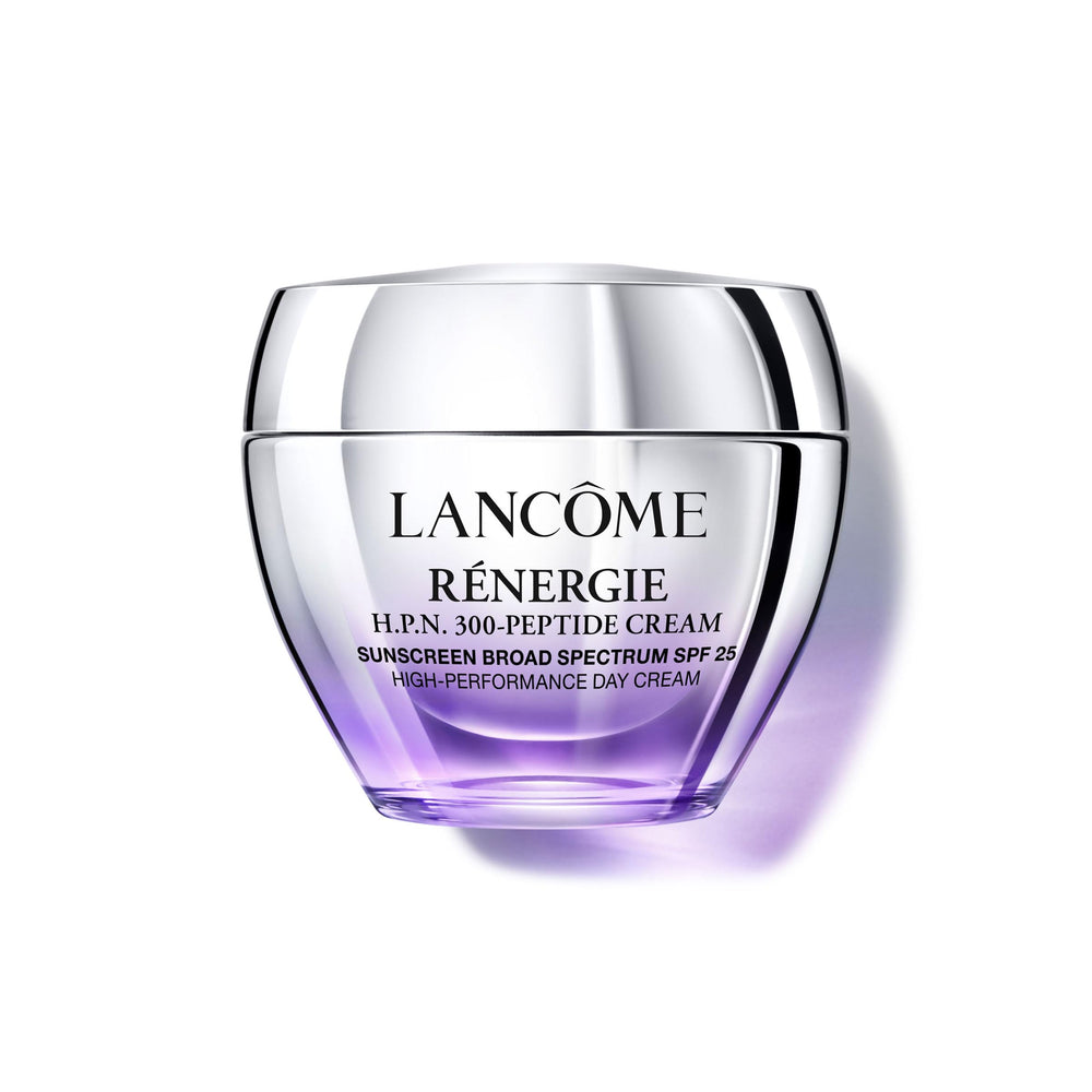 Lancôme Rénergie 300-Peptide Cream jar closeup shows creamy texture for daily anti-aging routine