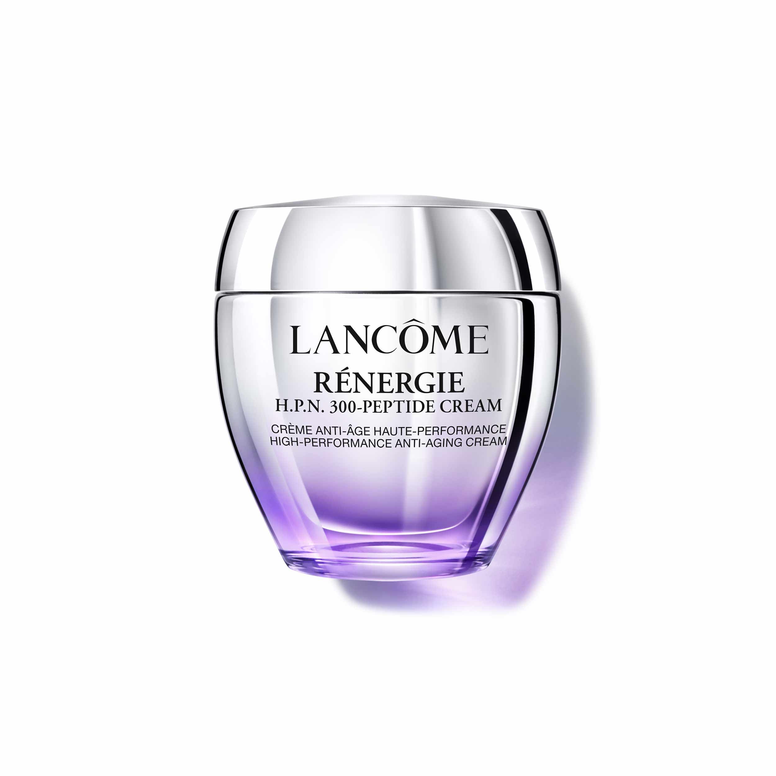 Lancôme Rénergie 300-Peptide cream jar close-up for premium anti-aging skincare.
