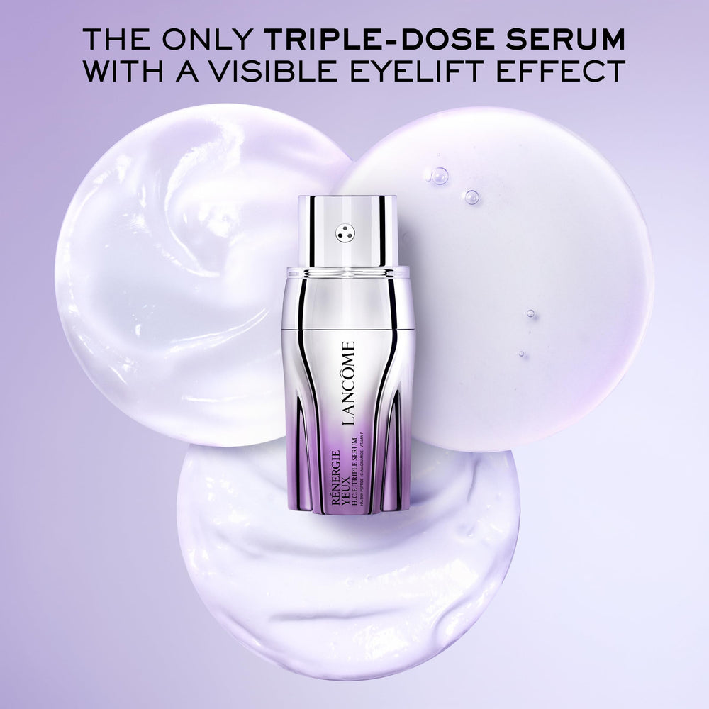 Lancôme Rénergie H.C.F. Triple Serum Eye close-up showing creamy texture ideal for de-puffing.