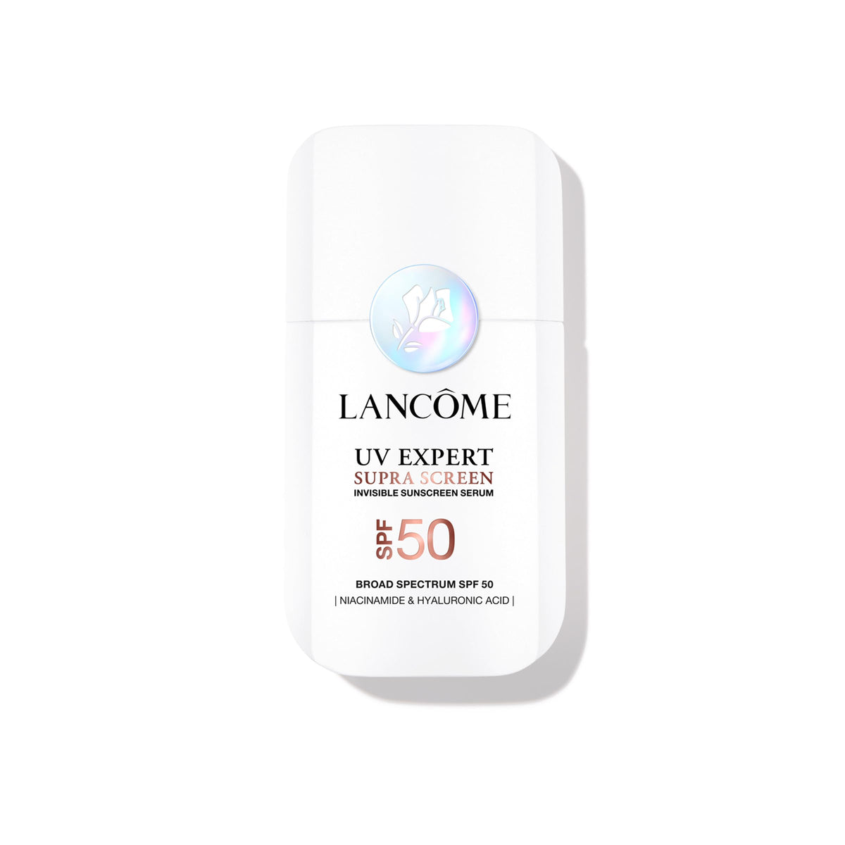 Lancôme Supra Screen SPF50 front packaging showcases elegant bottle and broad protection