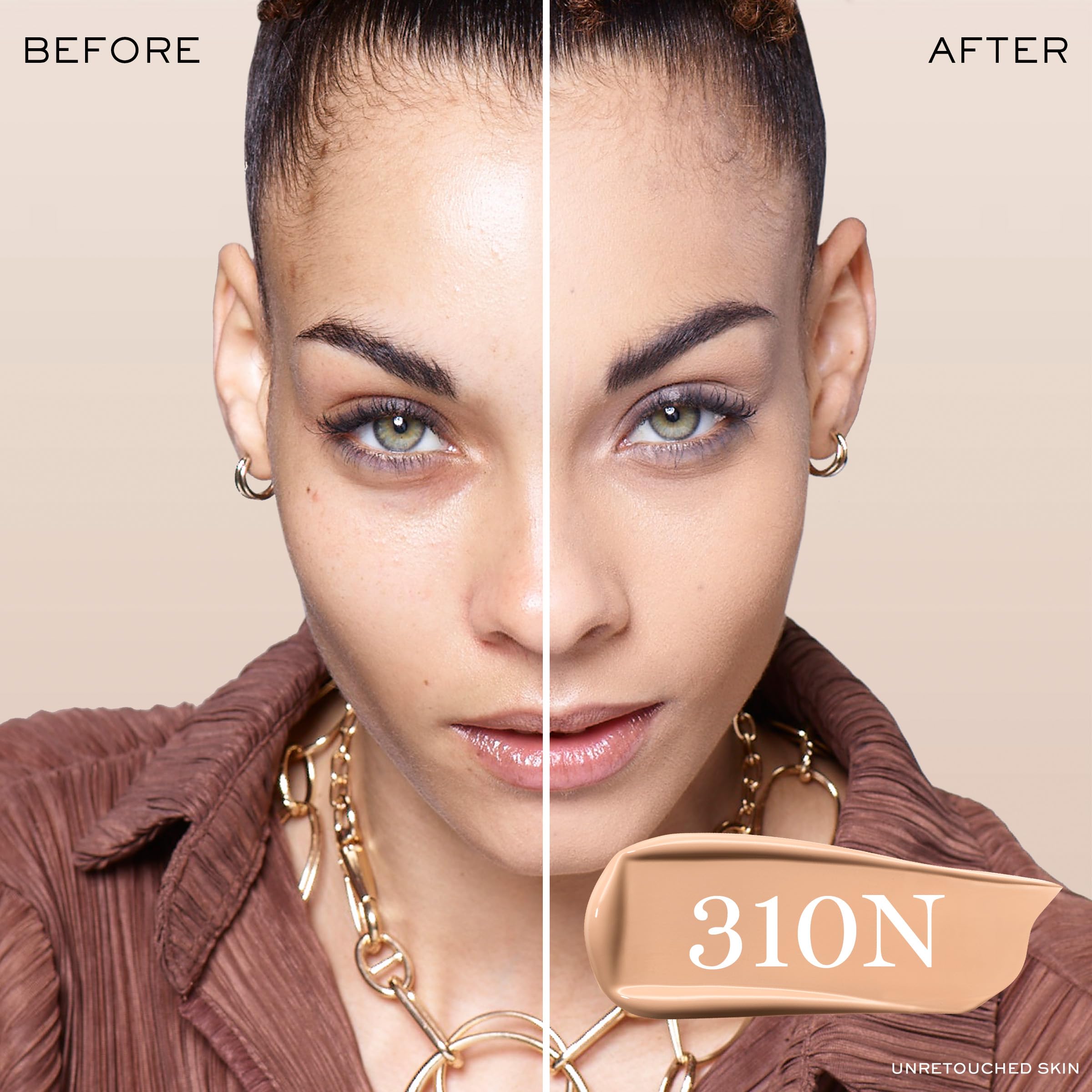 Lancôme Teint Idole 310N swatch showing neutral-peach undertones