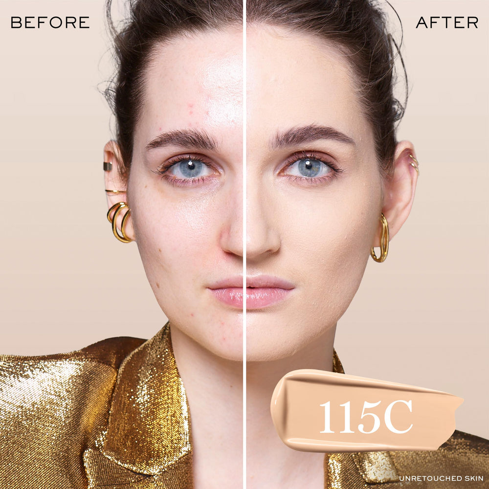 Lancôme Teint Idole Ultra Wear 115C swatches show fair cool-pink undertones.
