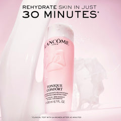 lancome tonique confort milky texture closeup highlights silky, refreshing feel on skin