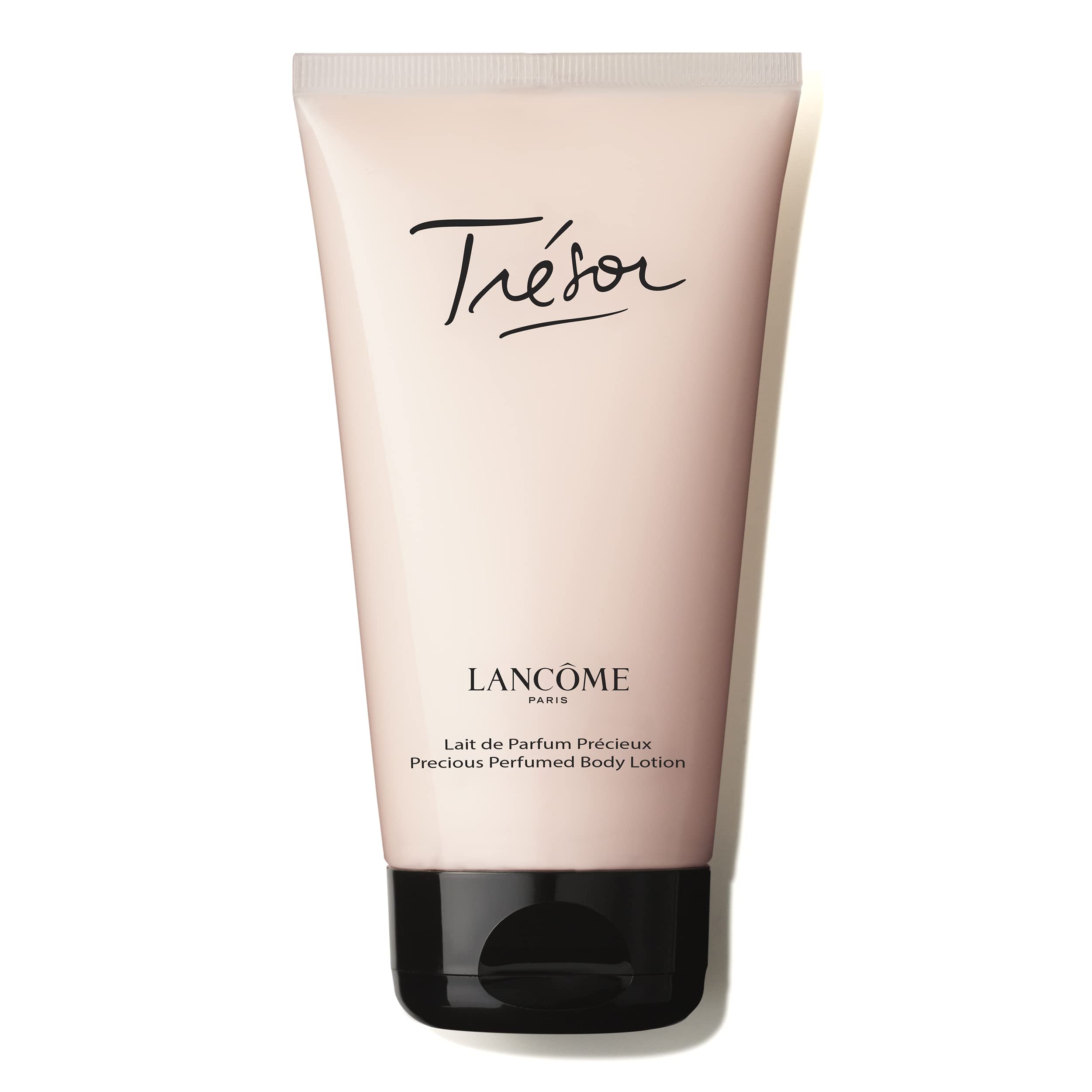 Lancôme Trésor scented body lotion bottle illustrates silky-soft skin and lasting fragrance.