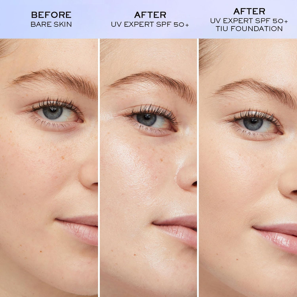 Lancôme UV Expert Defense used as primer under makeup for smoother finish.