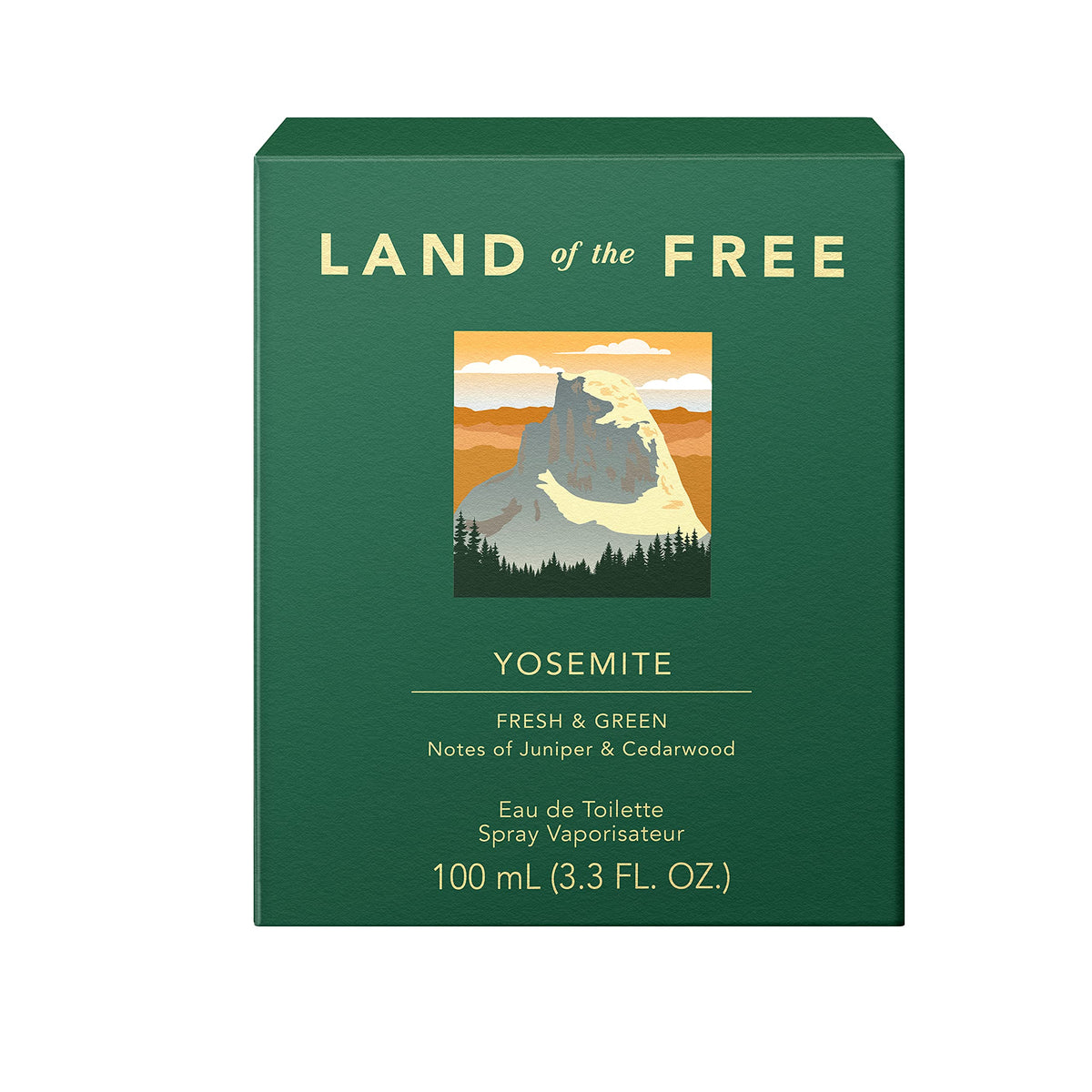 Land of the Free Yosmite bottle front with fresh green aroma for everyday confidence