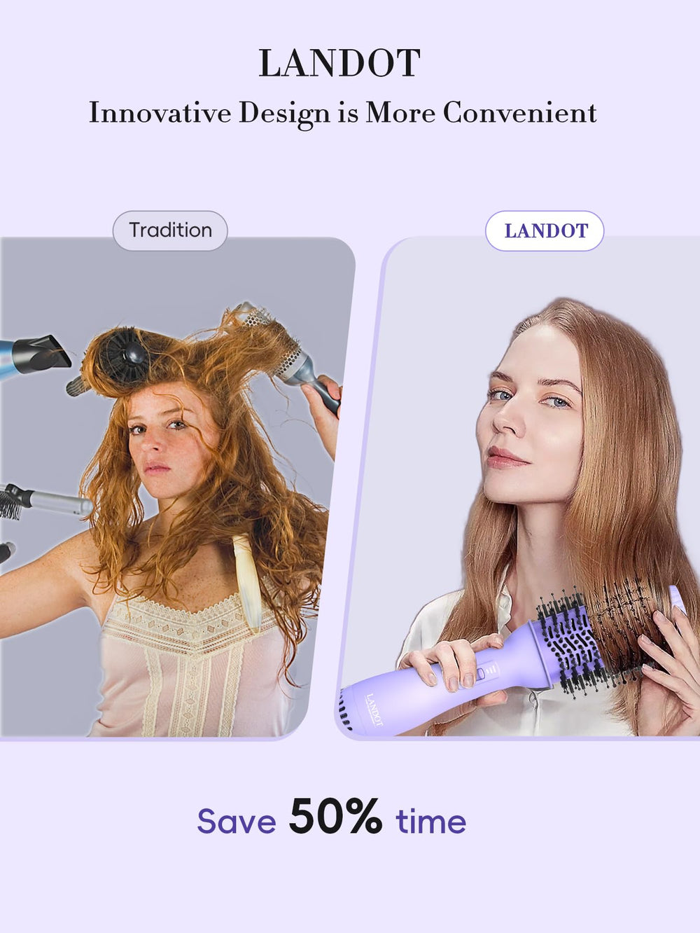 LANDOT 4-in-1 blow dryer brush 60mm oval barrel delivers volumizing style for thick, coarse hair.