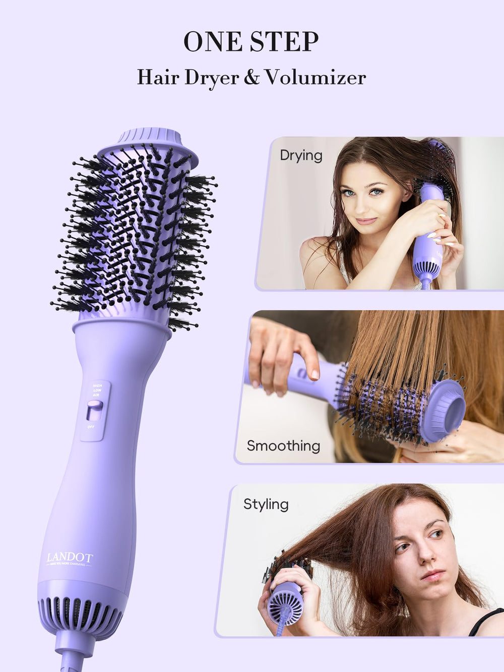 LANDOT 4-in-1 blow dryer brush smoothing barrel showcases even heat for a sleek finish.