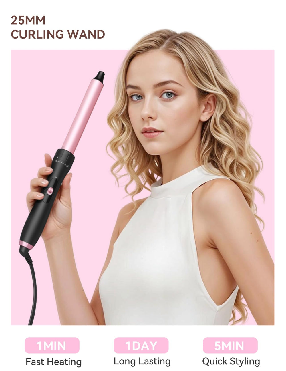 LANDOT 5-in-1 curling wand 25mm figure-8 barrel creates playful, uniform curls.