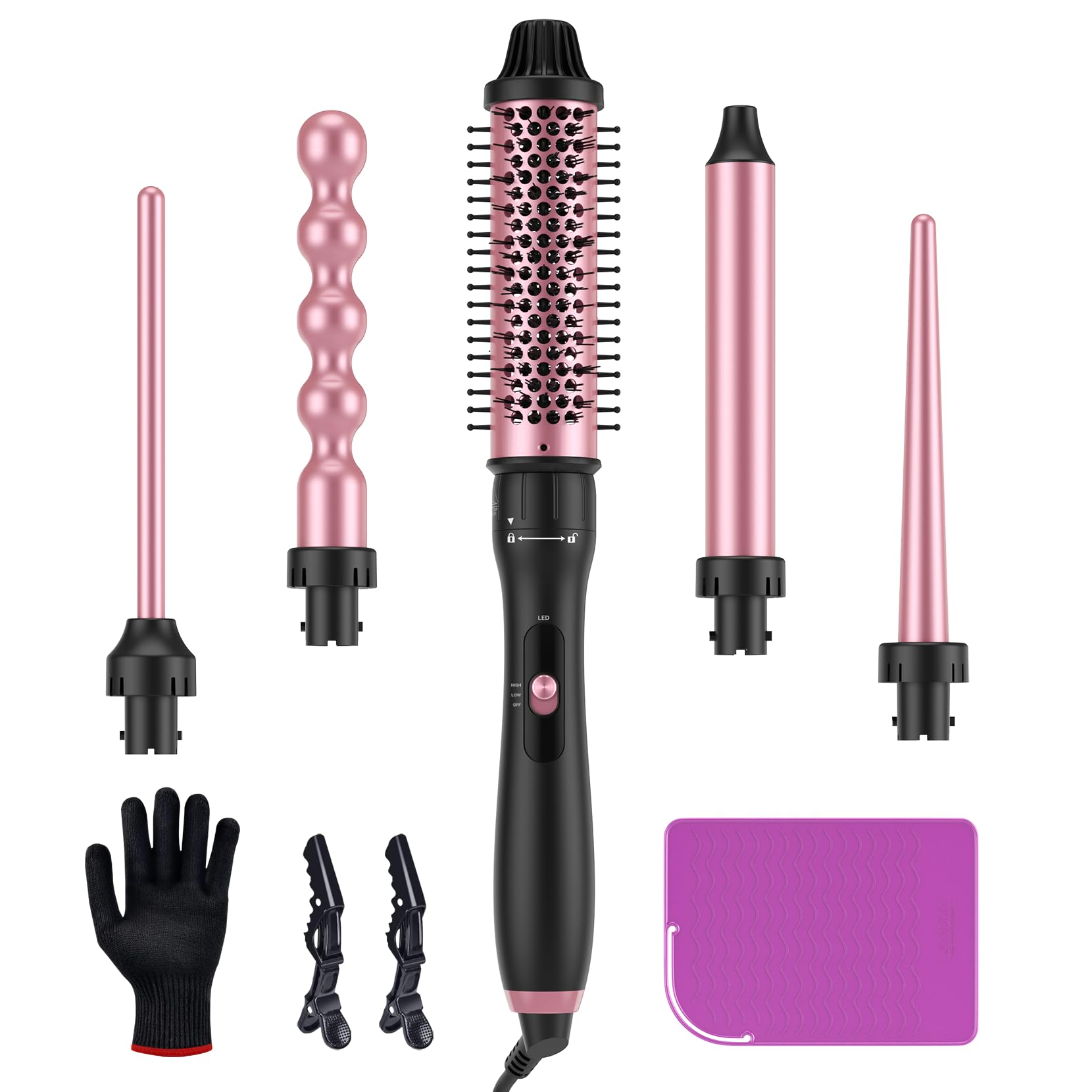 LANDOT 5-in-1 curling wand with 38mm thermal brush for voluminous, frizz-free blowouts.