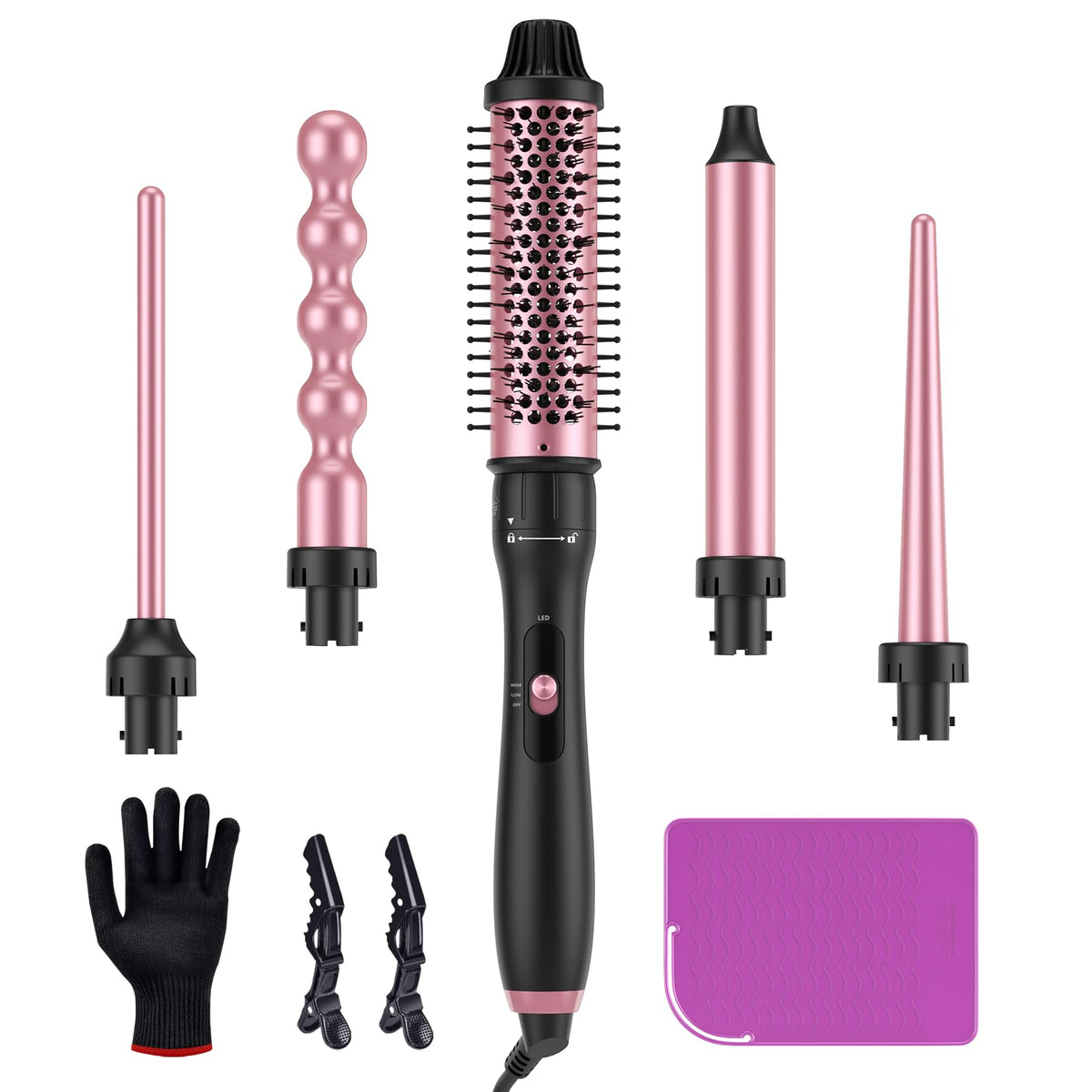 LANDOT 5-in-1 curling wand with 38mm thermal brush for voluminous, frizz-free blowouts.