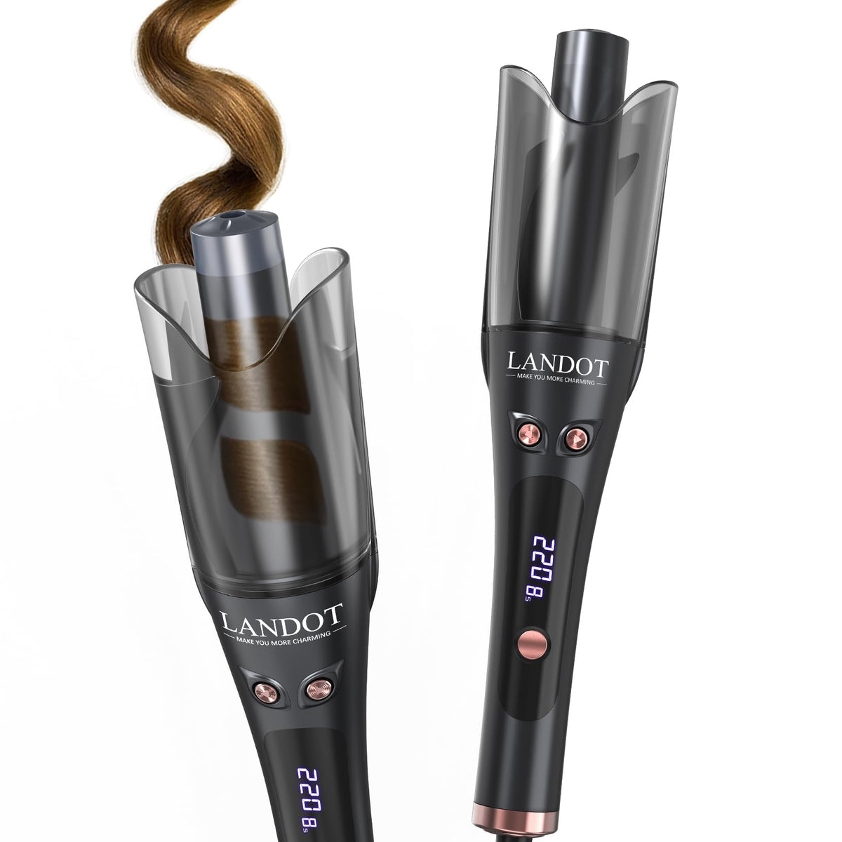LANDOT automatic rotating curling iron closeup showing easy one-button styling