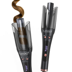 LANDOT automatic rotating curling iron closeup showing easy one-button styling