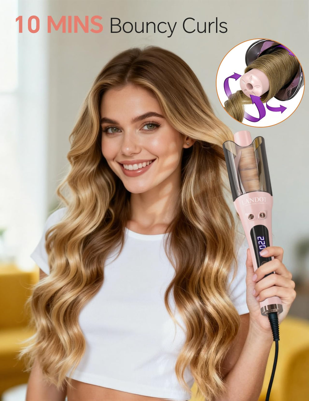 LANDOT charming pink wand in use delivers smooth, defined curls for everyday styling.