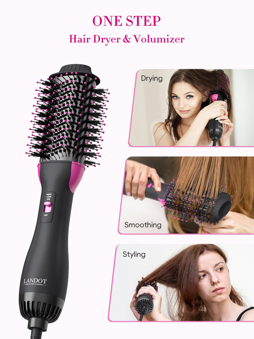 LANDOT hair dryer brush ceramic-titanium surface illustrates even heat distribution for consistent results.