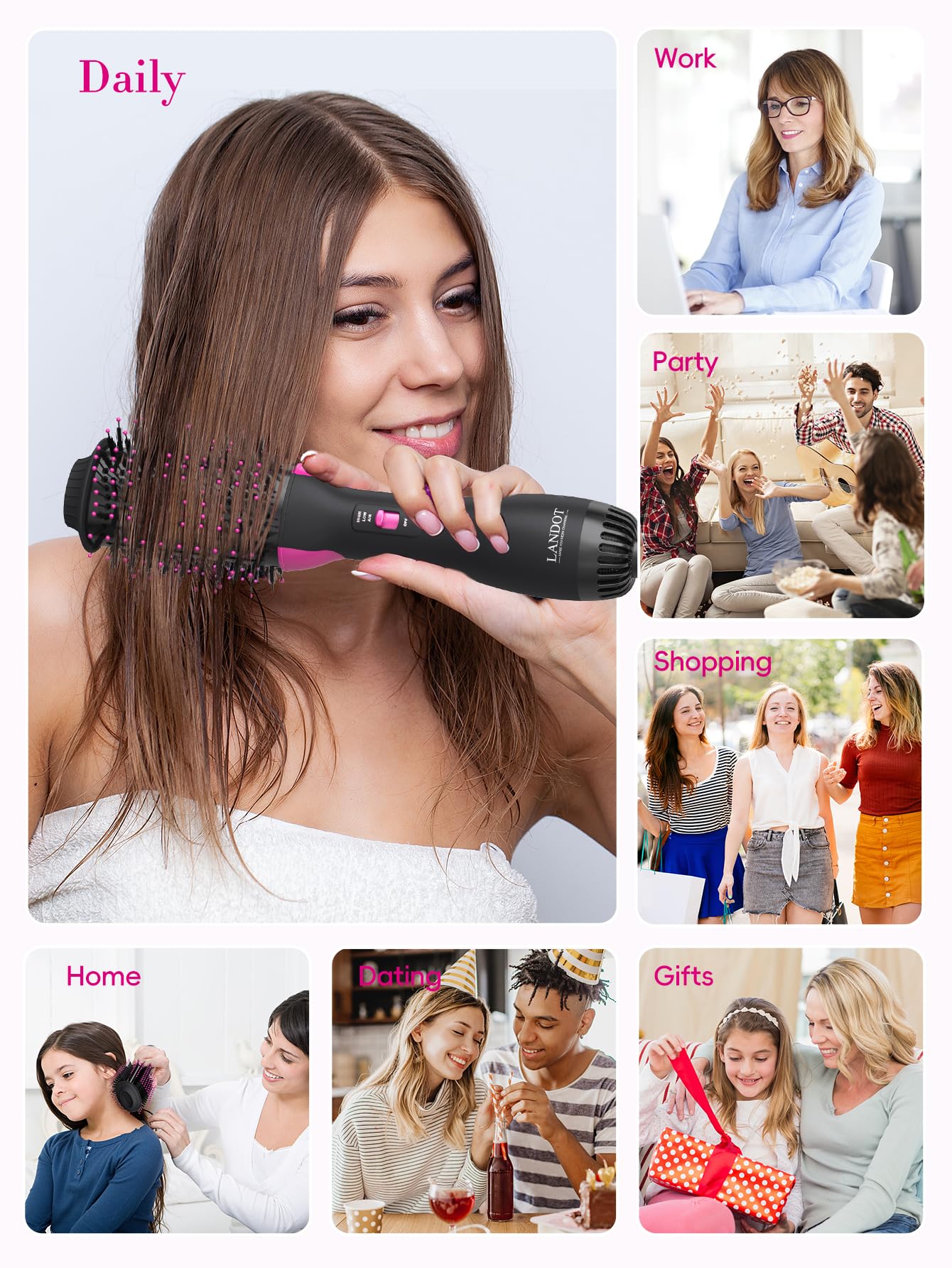 LANDOT hair dryer brush ETL-us plug label close-up signals safety certified use.