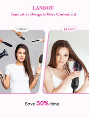 LANDOT hair dryer brush ionic technology close-up demonstrates frizz control and faster drying.