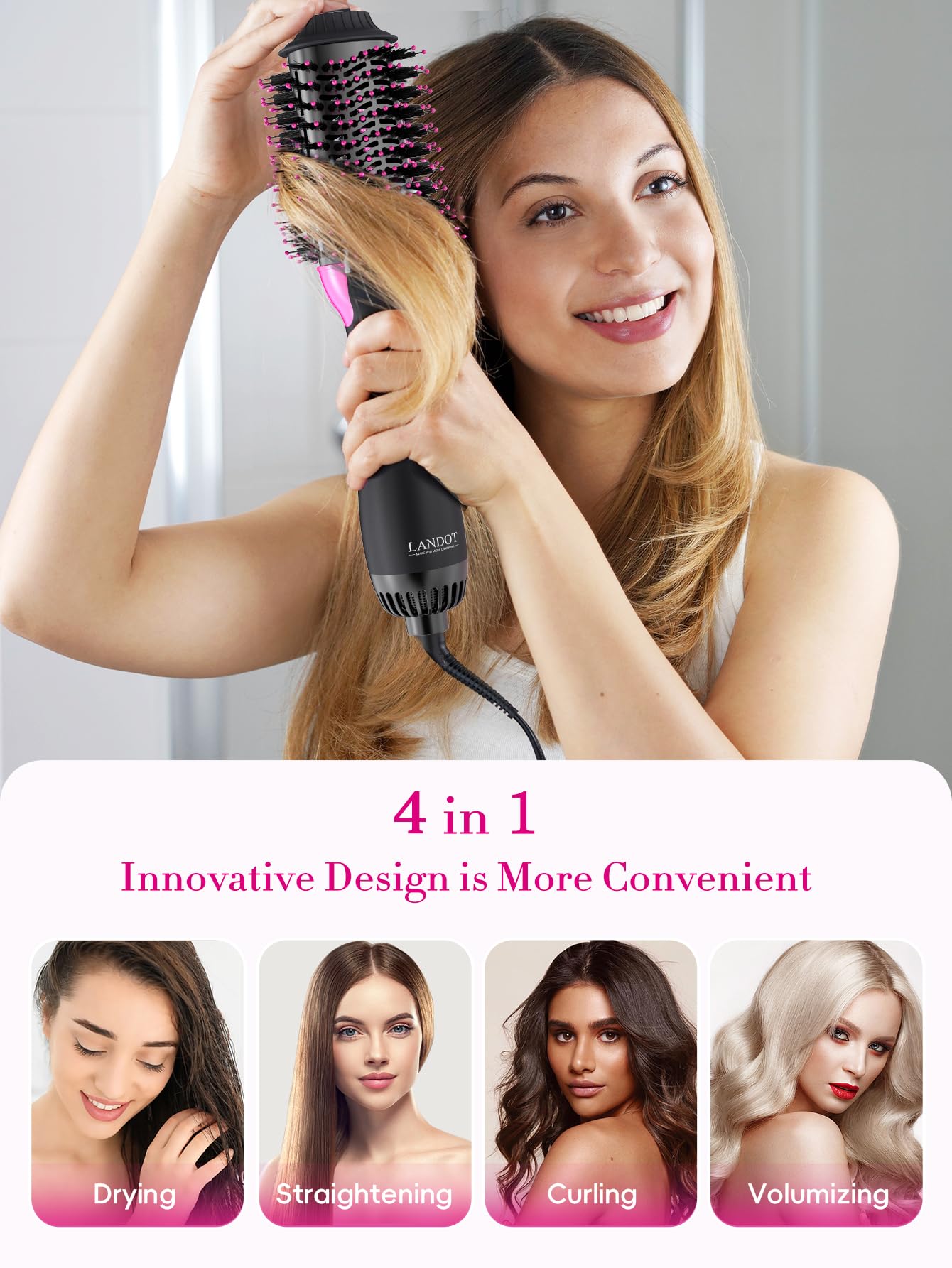 LANDOT hair dryer brush nylon-pin bristles detail enhances detangling and comfortable smoothing.